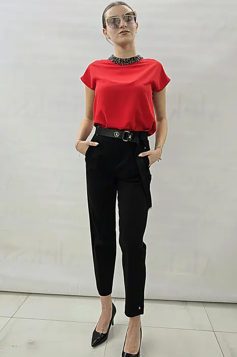 Червена блуза с къс ръкав и камъни - 521 - Червена блуза с къс ръкав и камъни - 521