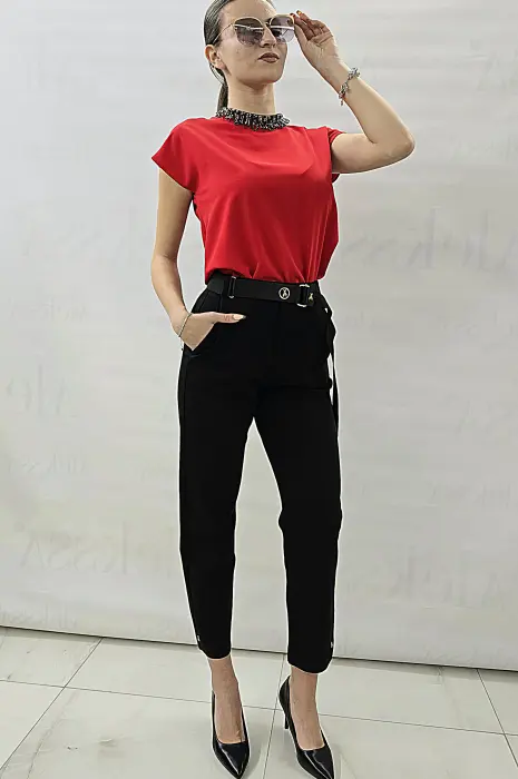 Червена блуза с къс ръкав и камъни - 523 - Червена блуза с къс ръкав и камъни - 523