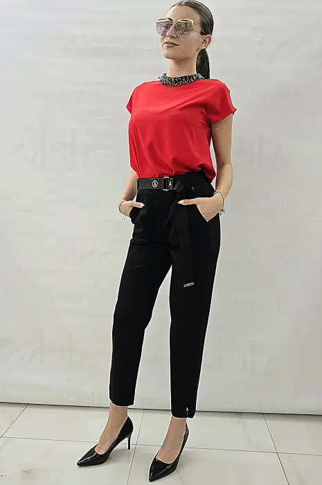 Червена блуза с къс ръкав и камъни - 524 - Червена блуза с къс ръкав и камъни - 524